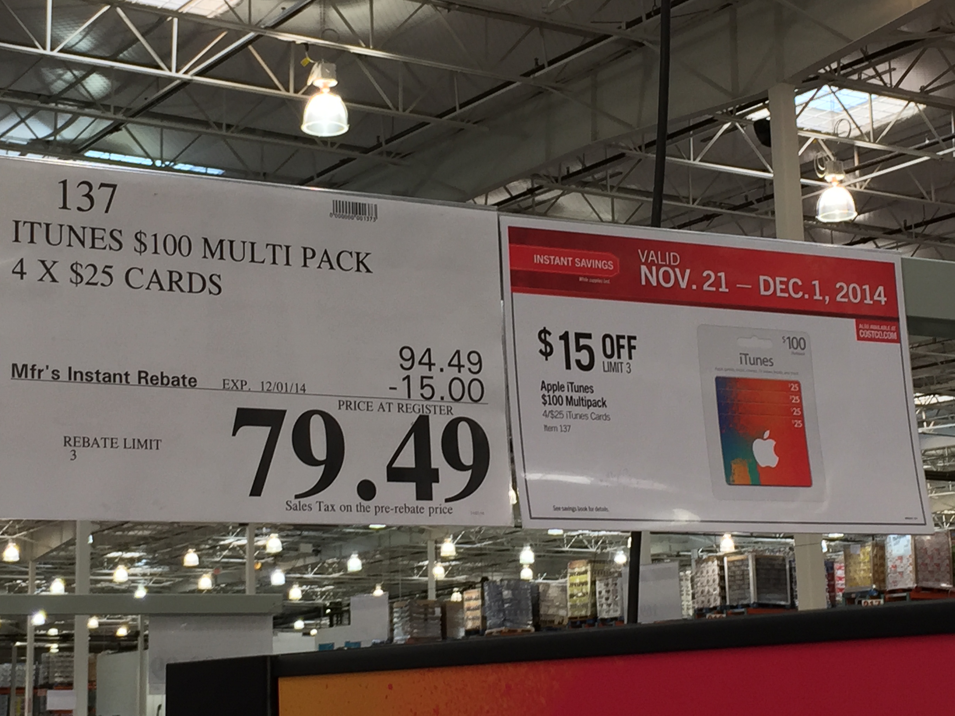 Costco takes at least 15% off iTunes gift cards w/ email delivery