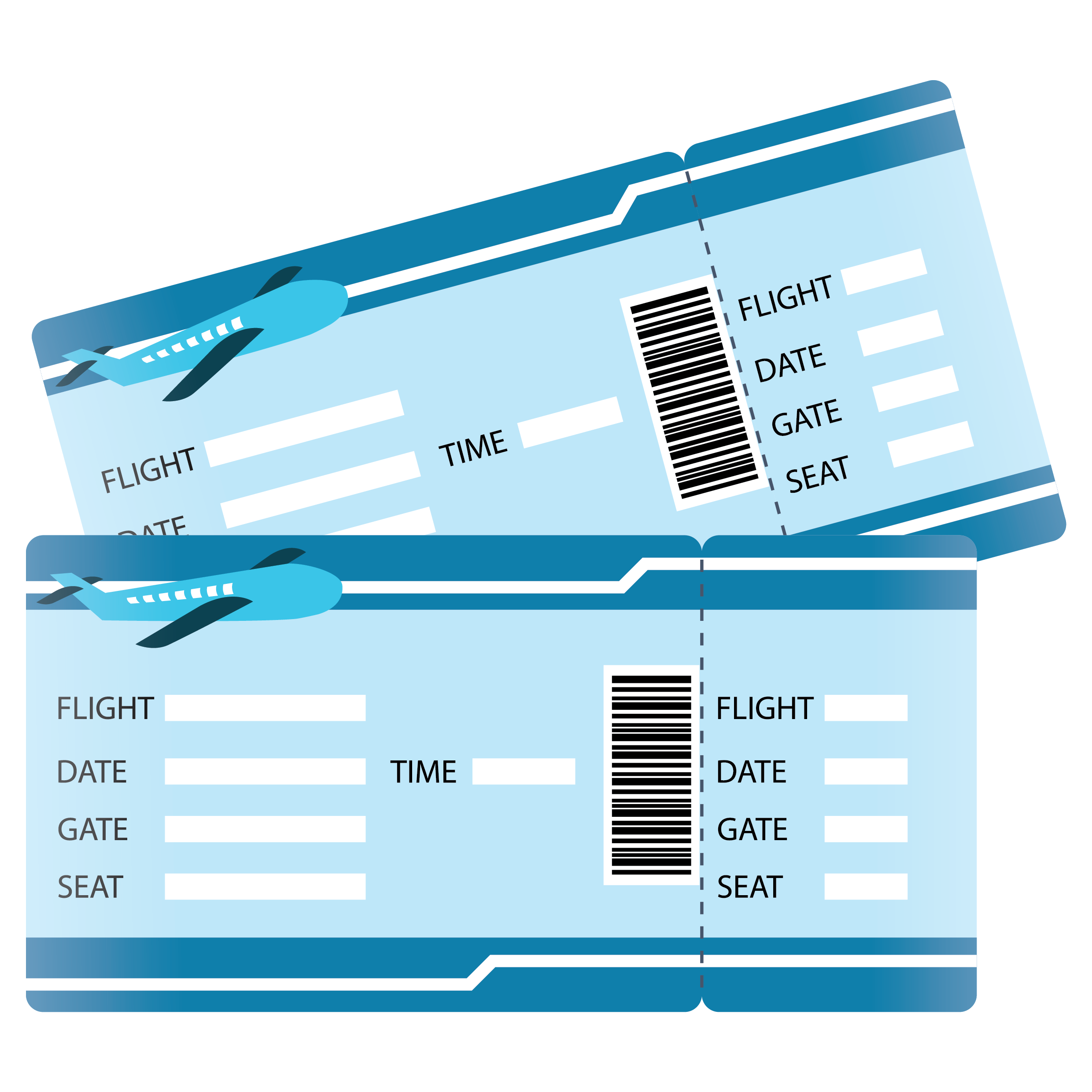two blue tickets with a plane on it
