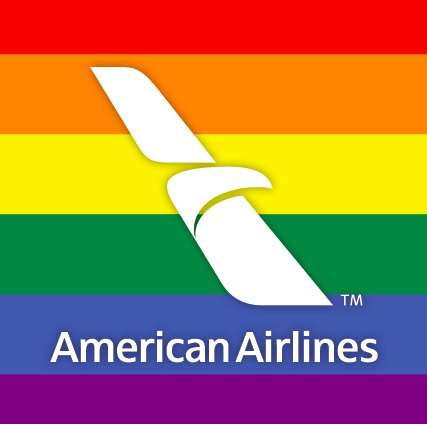a logo on a rainbow flag