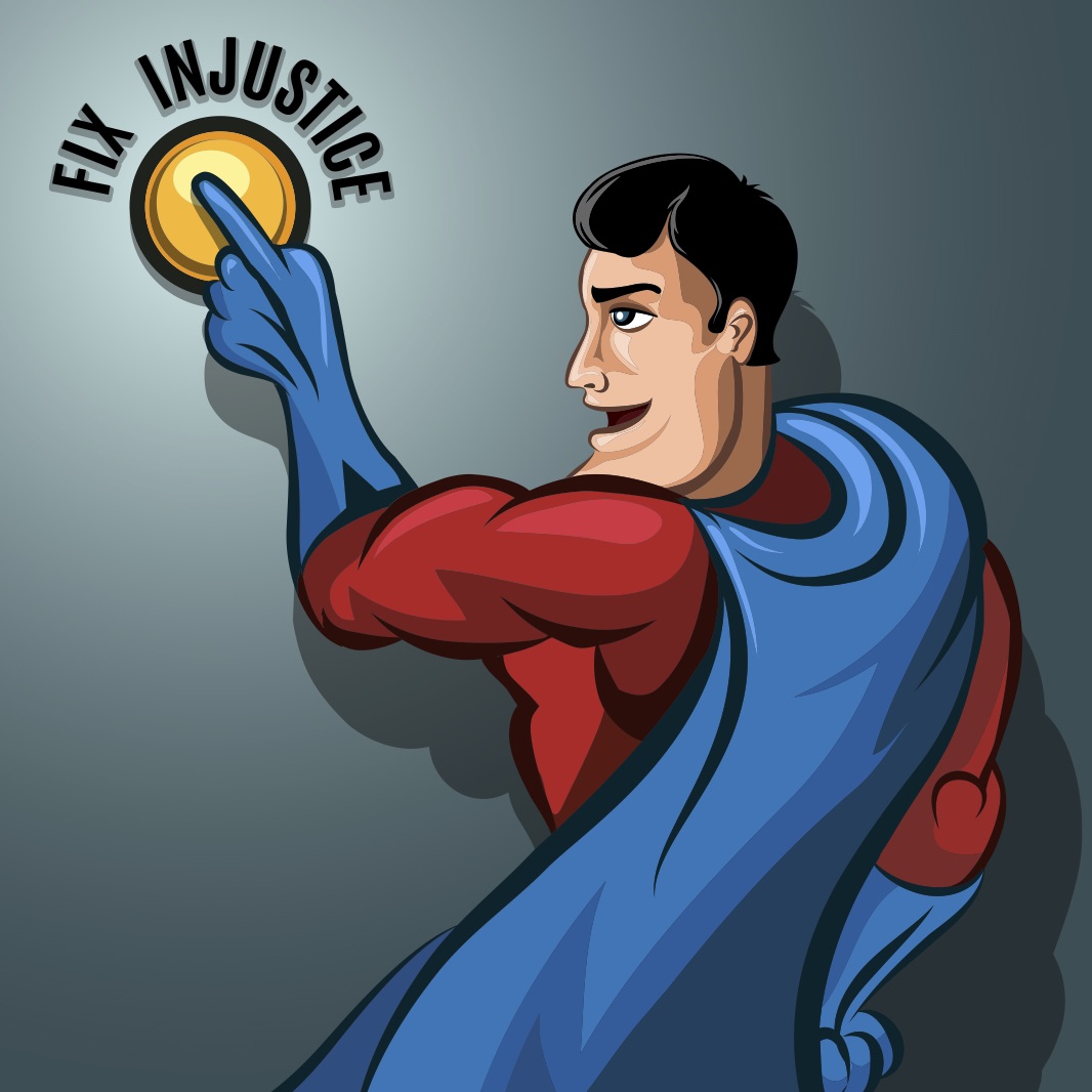 a man in a superhero garment pointing at a button