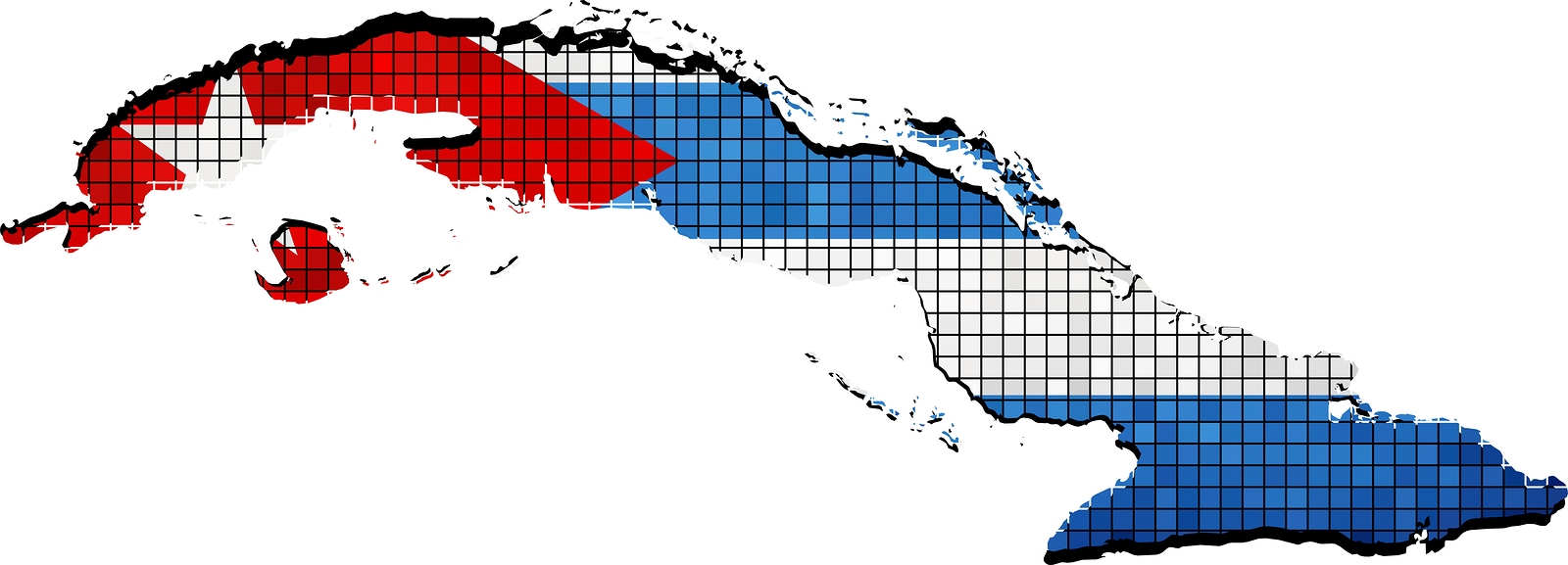 a map of cuba with a red triangle and blue squares