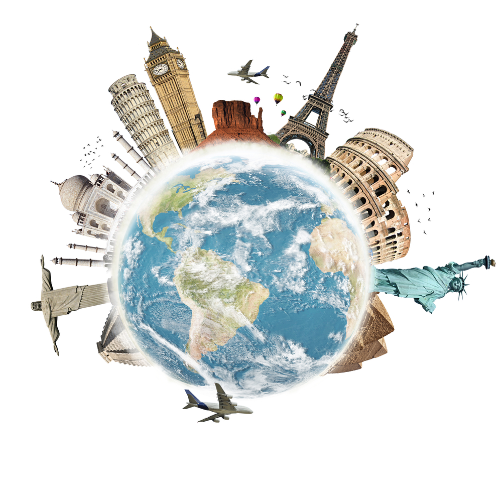 a globe with famous monuments and planes
