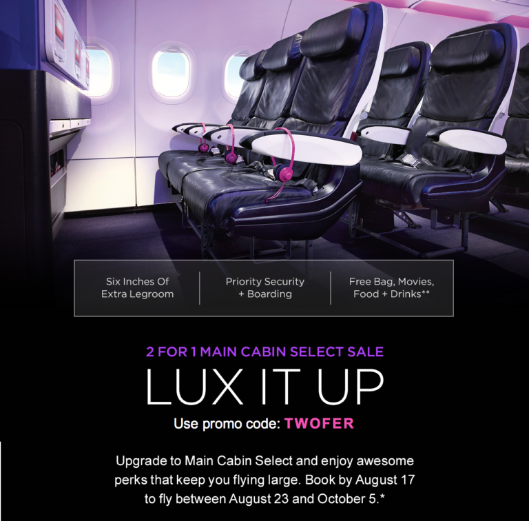 Two For One Main Cabin Select Fares On Virgin America