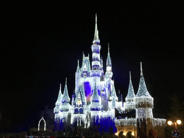a castle with lights on it
