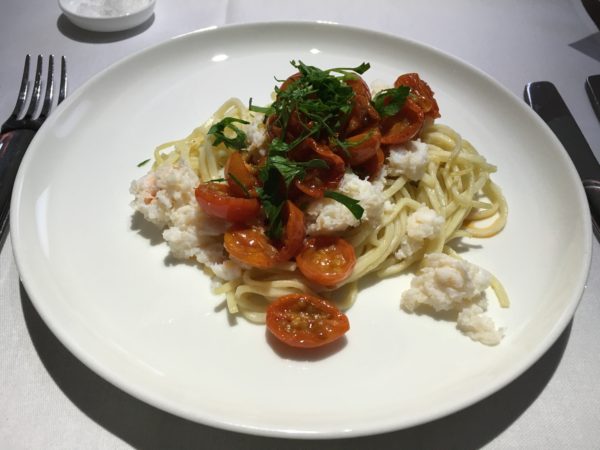 Prawn oil pasta with crab and roasted cherry tomatoes