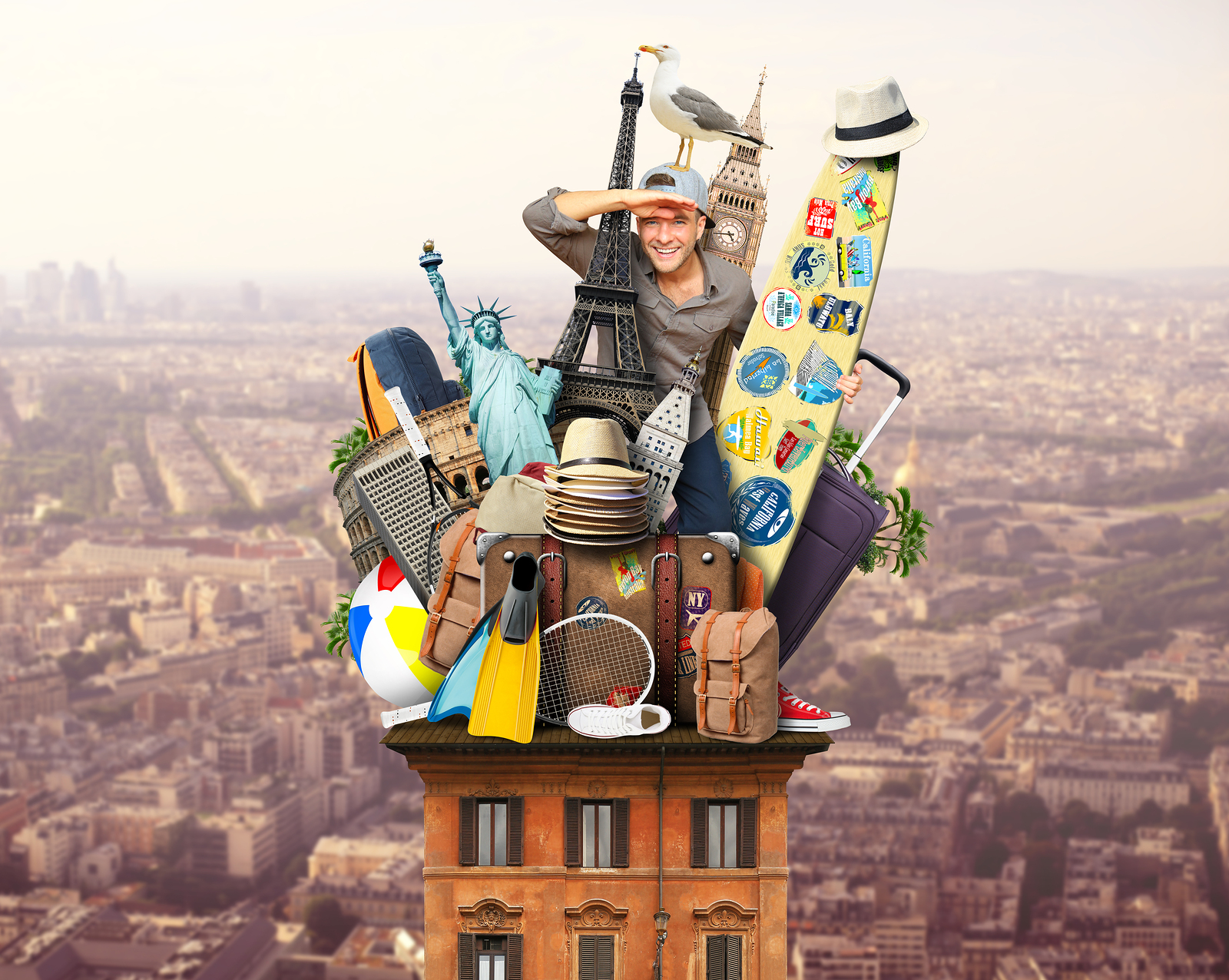 a man sitting on top of a building with many different objects on top