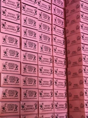 a wall of pink packages