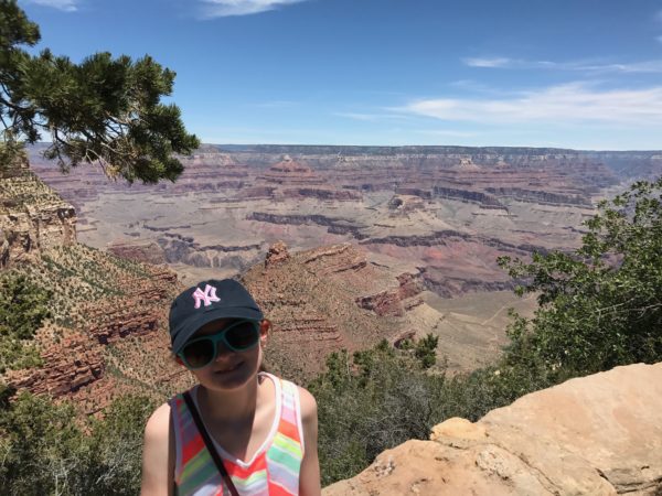 a girl standing on a rock ledge with a canyon in the background
