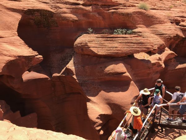 a group of people on a bridge over a canyon
