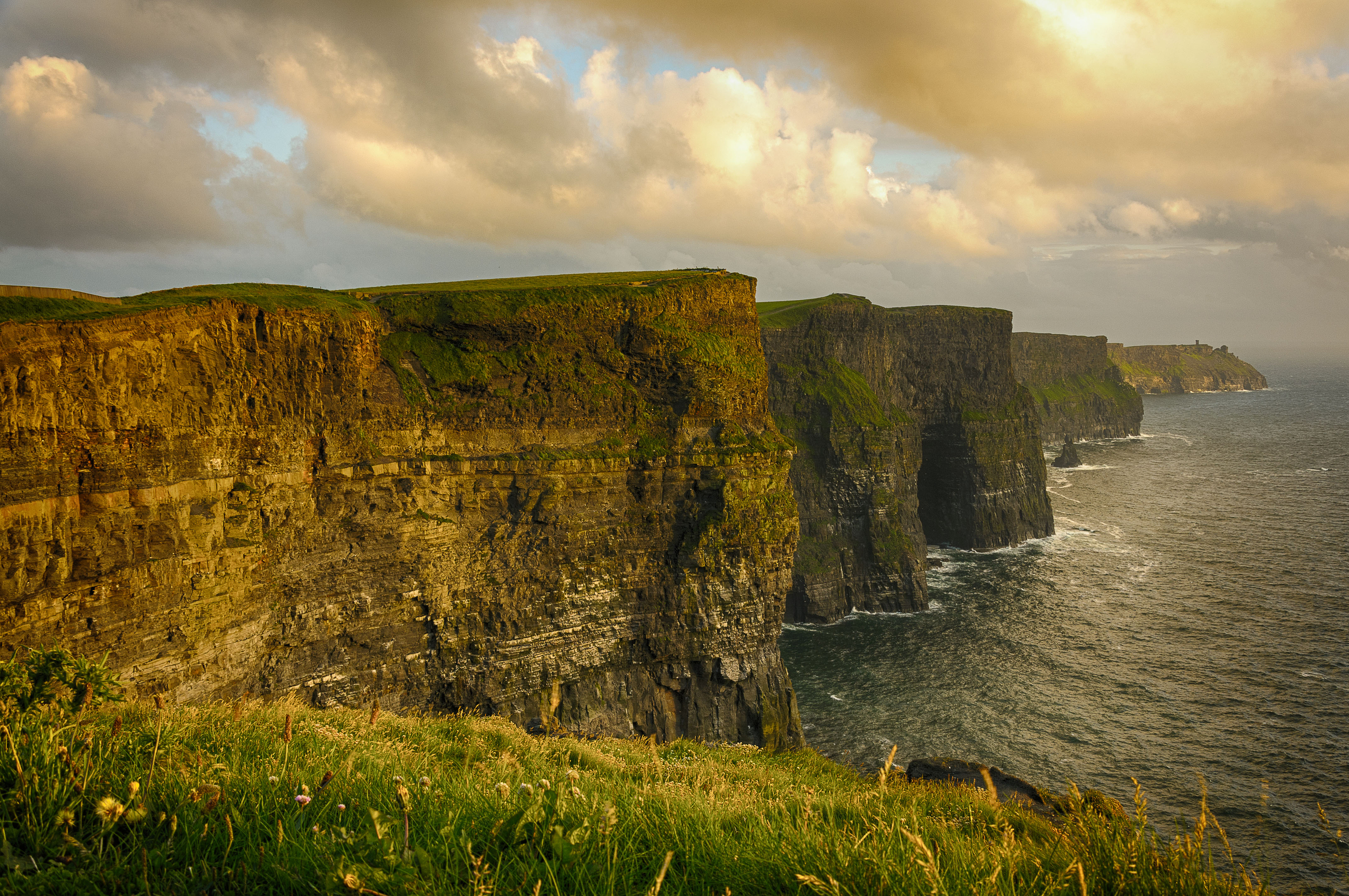 a cliff side with grass and water in the background with Cliffs of Moher in the background