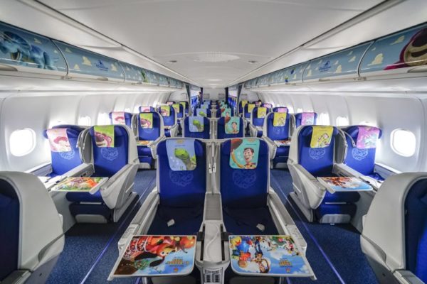 a plane with blue seats