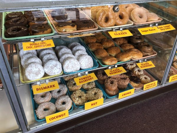 a display case of donuts