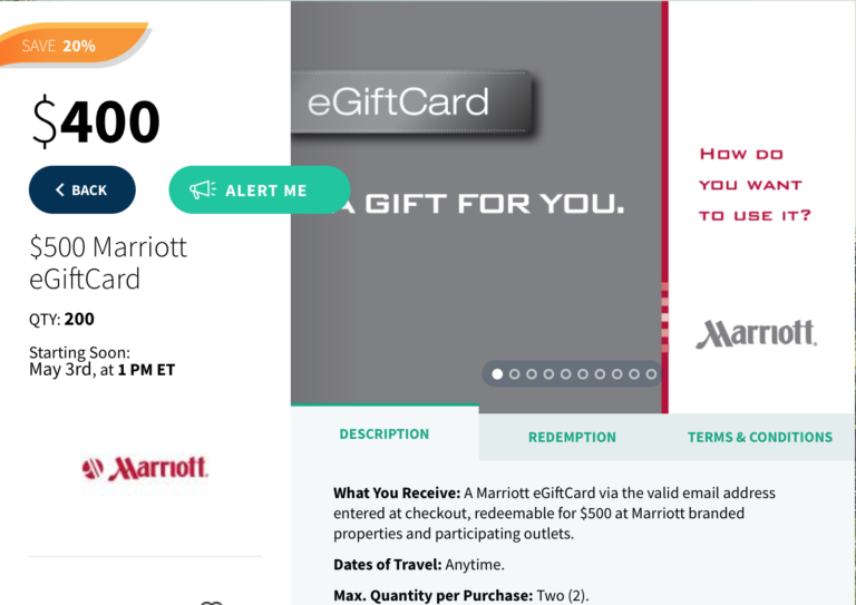 QUICK! 20% Discount On Marriott Gift Cards.  Will Sell Out In A Flash!