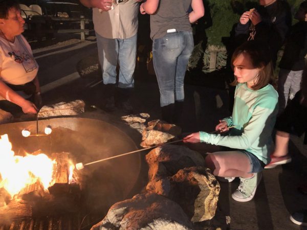 a girl holding a stick over a fire