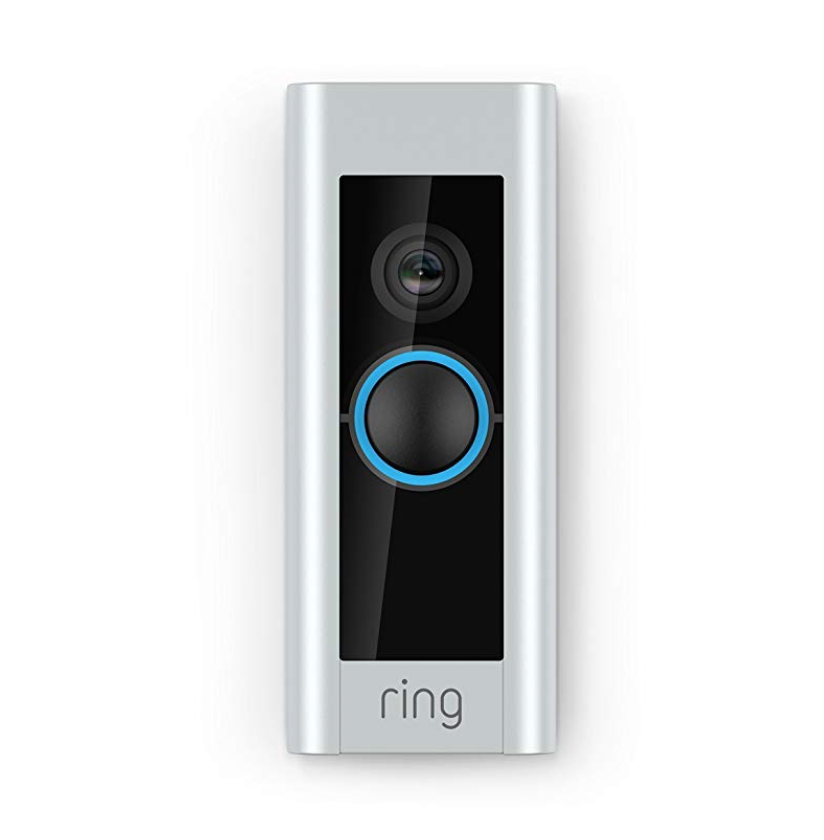 a white and black device with a black circle and a blue button