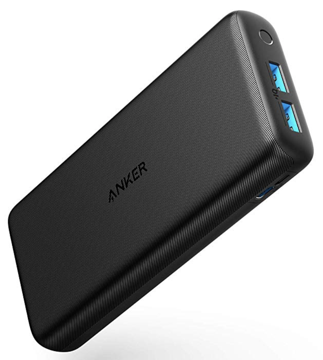 a black power bank with blue ports