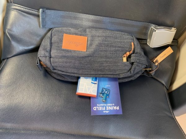 a small grey bag with a brown strap on a seat belt