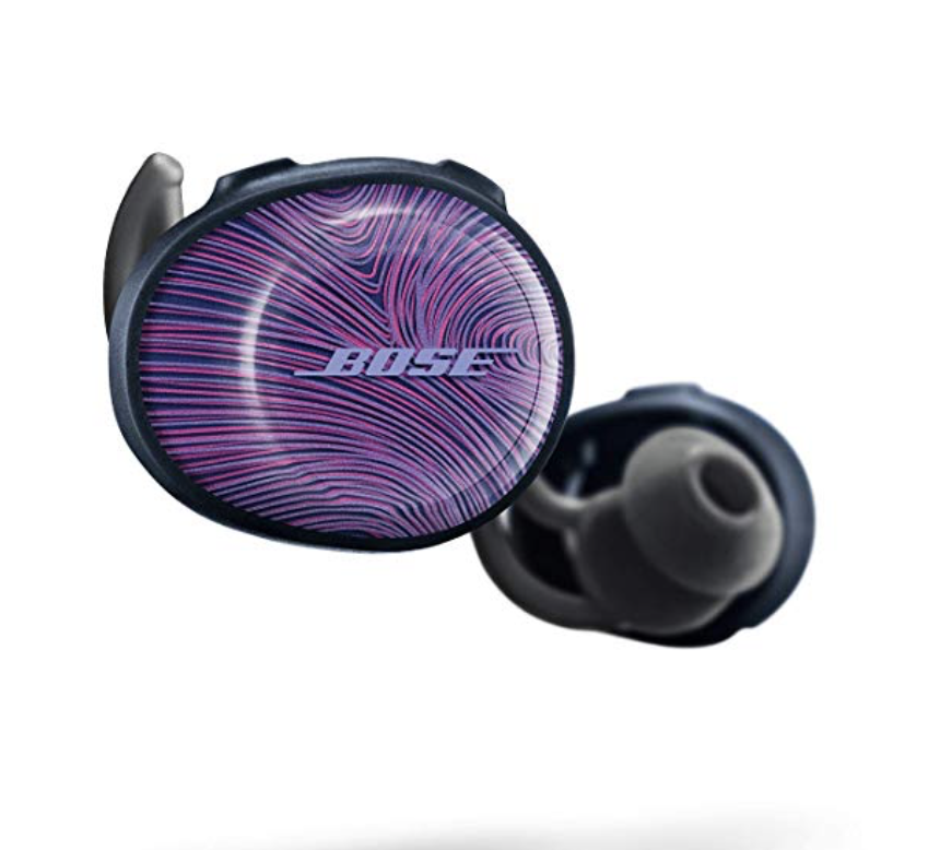 a pair of purple and black earbuds
