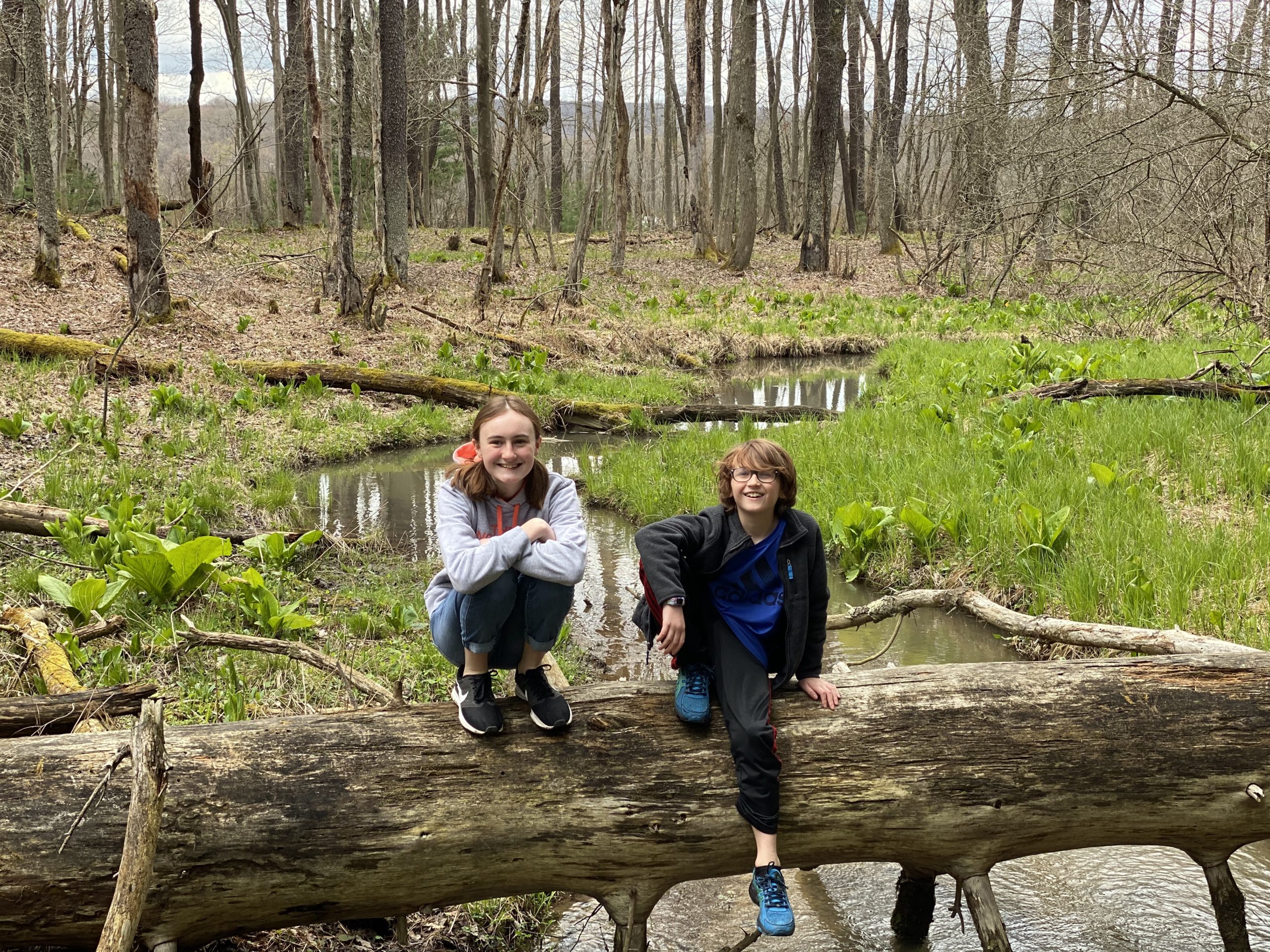 a couple of kids sitting on a log in the woods