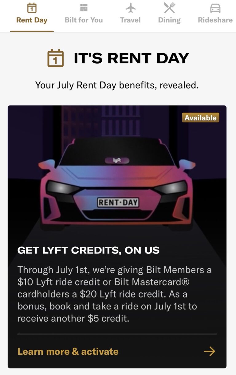 Last Day: Up To $25 Of Free Lyft Cash From Bilt On July 1st!