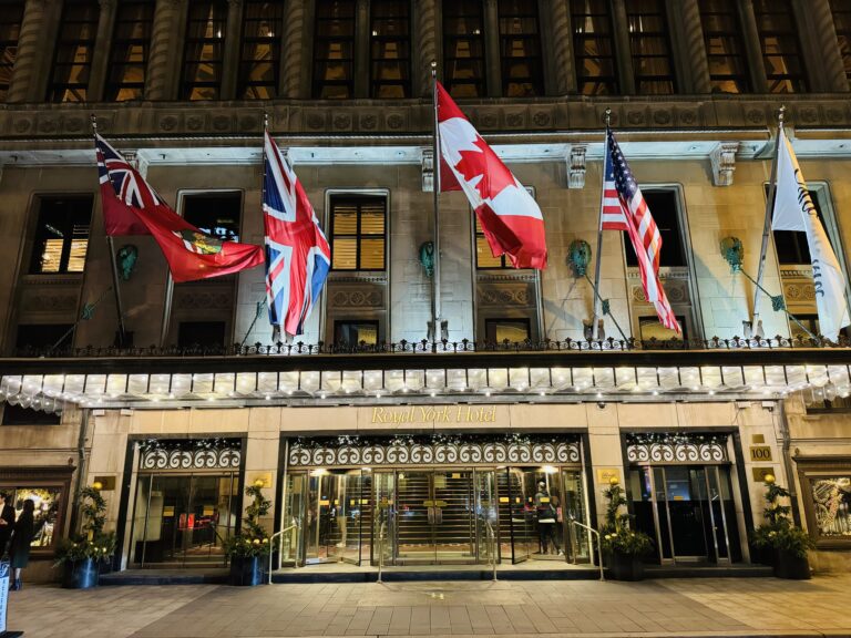 flags on the front of a building